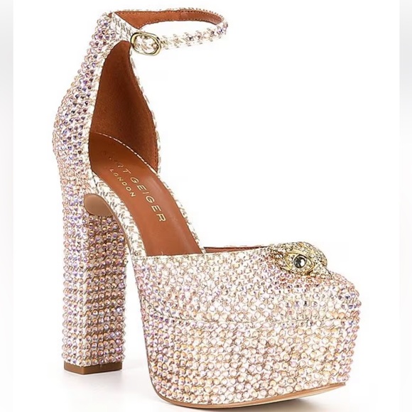 Kensington Glitz Fabric Eagle Head Ankle Strap Crystal Platform Pumps - Picture 2 of 8